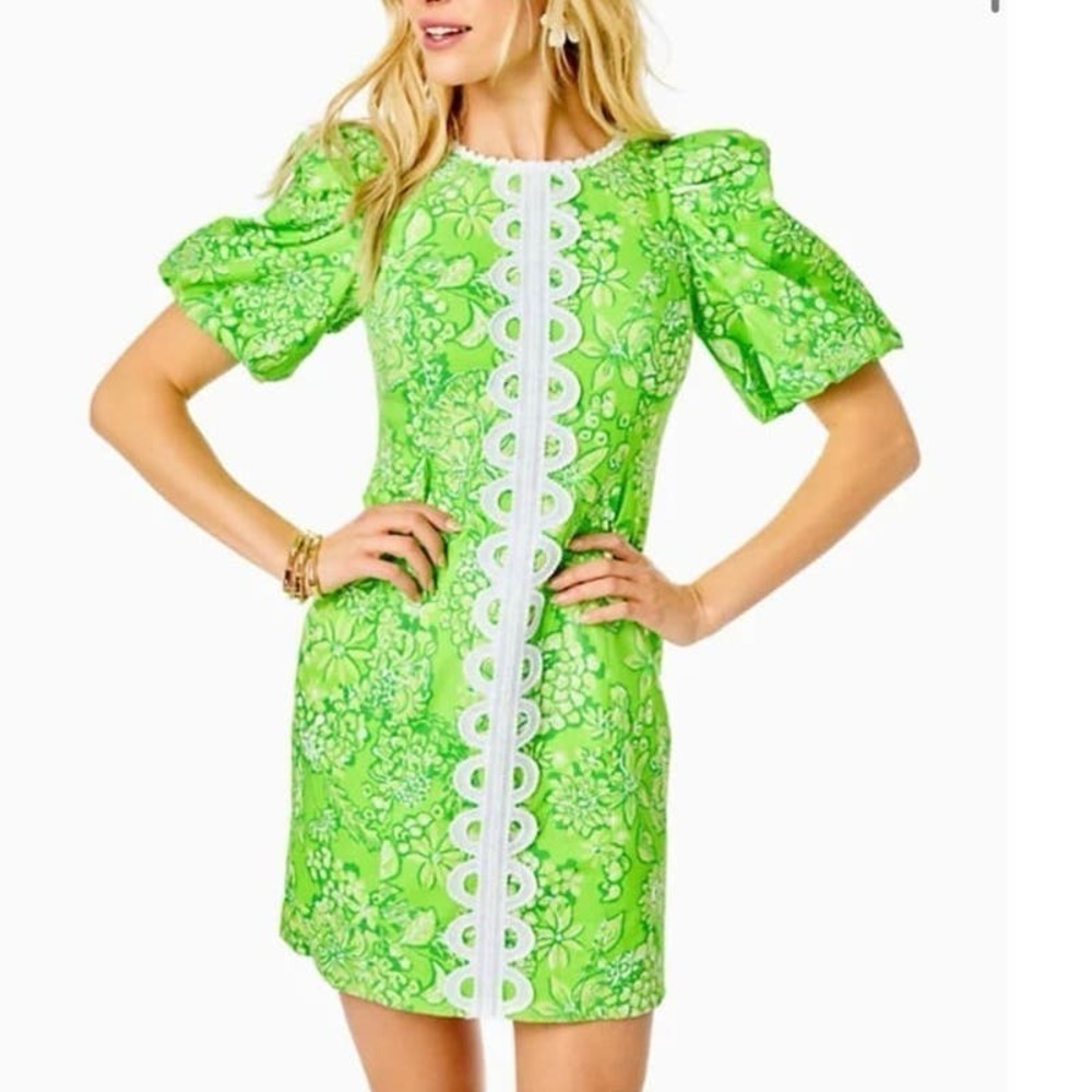 Lilly Pulitzer Alyce Elbow Sleeve Stretch Cotton Shift Dress Green - Sz 0/XS - Picture 2 of 6